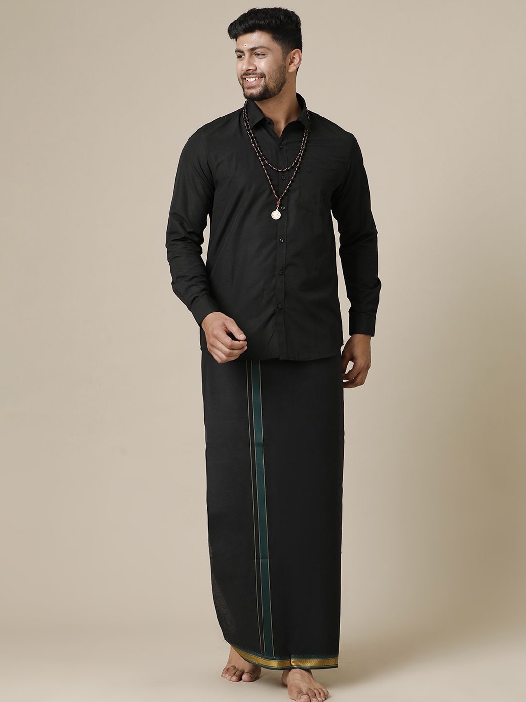 

Ramraj Men Solid Full Sleeve Shirt With Dhoti, Black