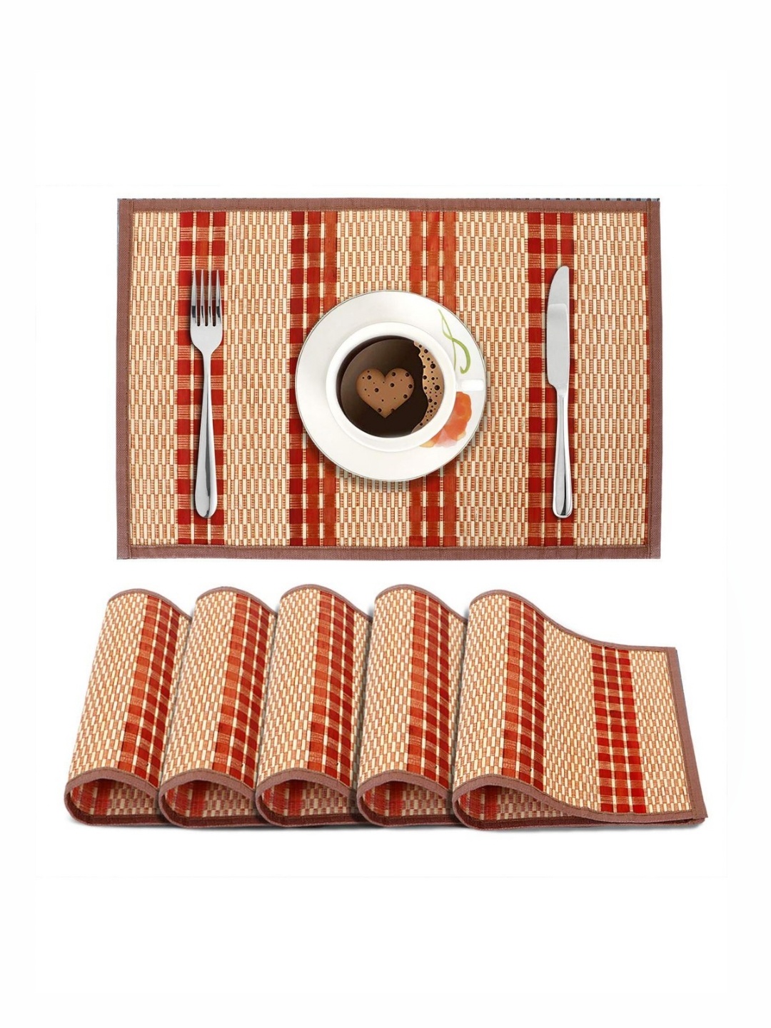 

HOKIPO 6-Pcs Red Striped Non-Slip Table Placemats, Beige