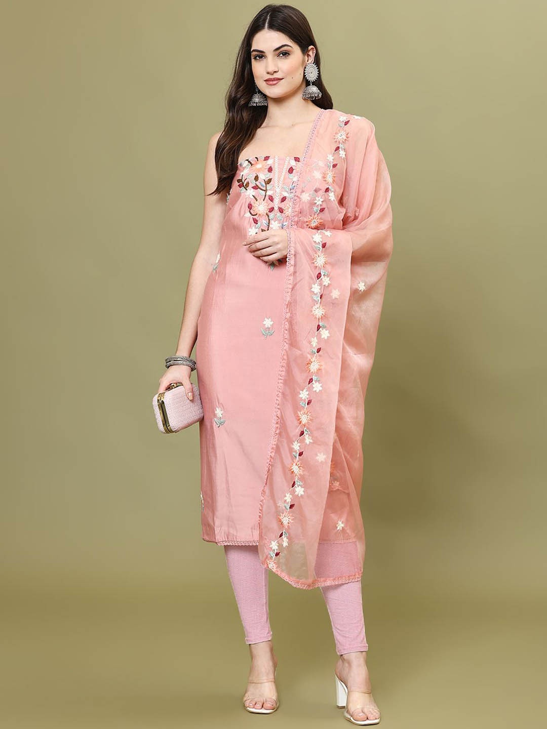 

Meena Bazaar Embroidered Art Silk Unstitched Dress Material, Peach