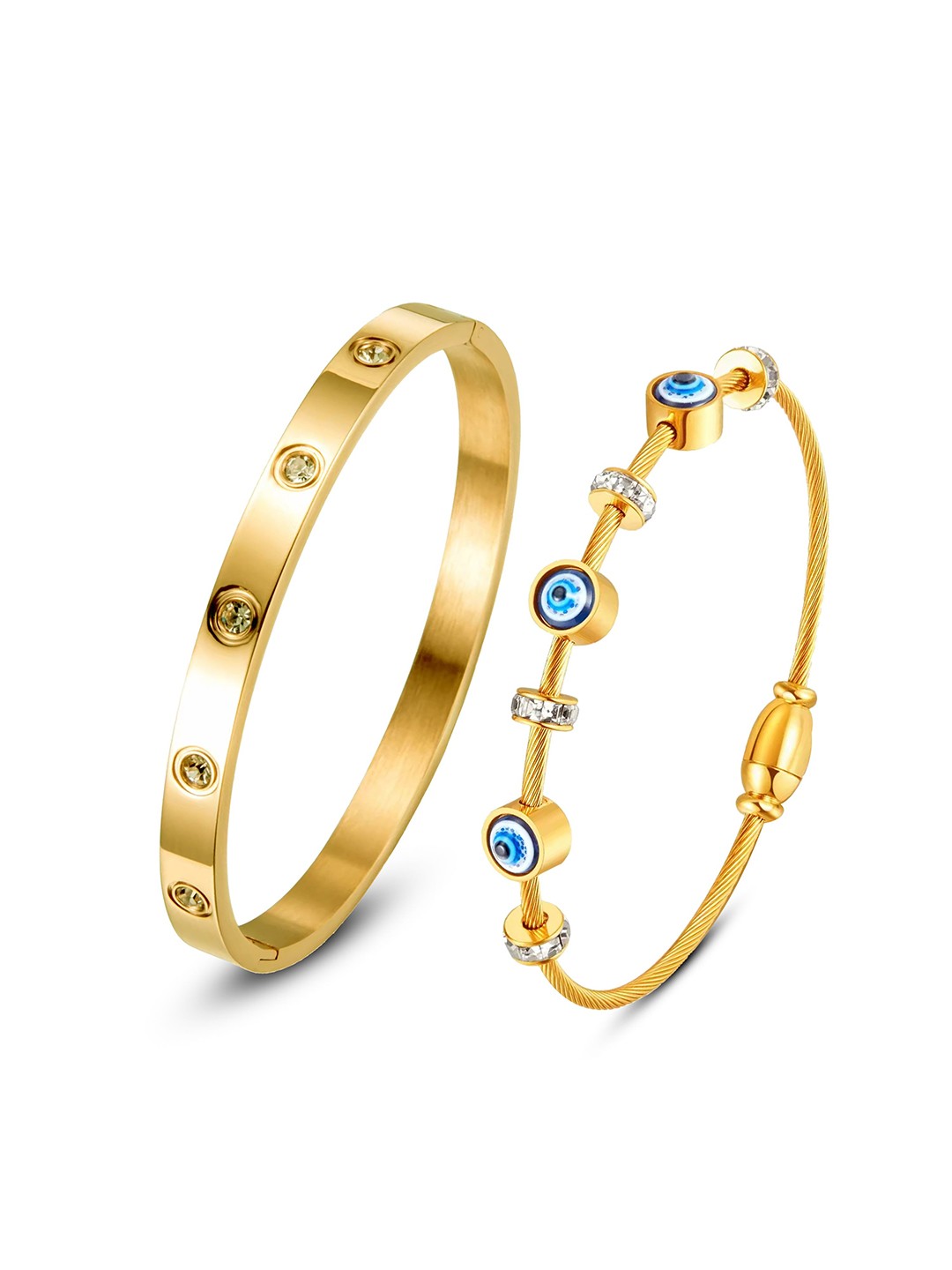 

MEENAZ Set Of 2 Gold-Plated Stainless Steel American Diamond Evil Eye Kada Bracelets