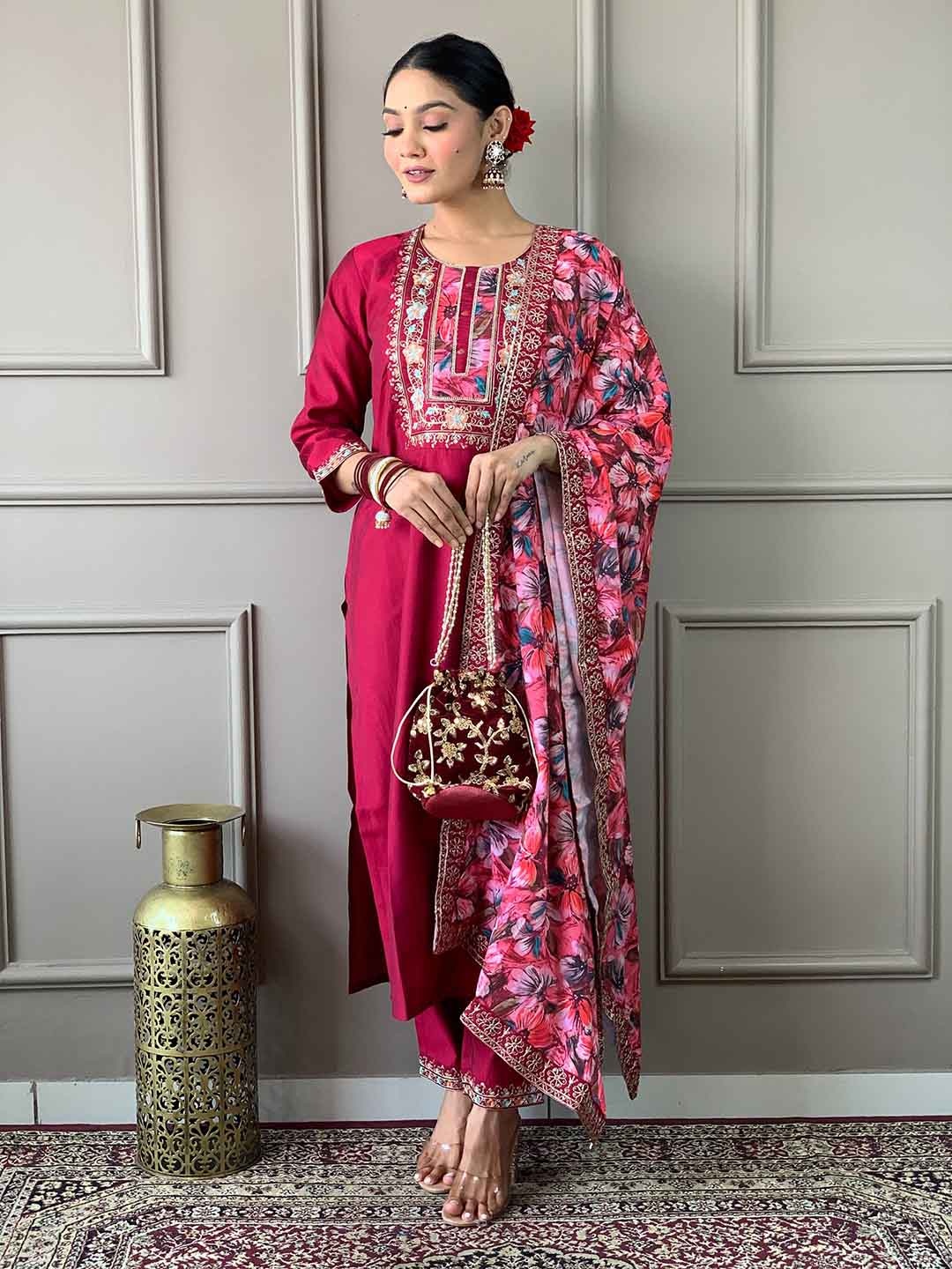 

KALINI Floral Embroidered Straight Kurta With Trouser & Dupatta, Red