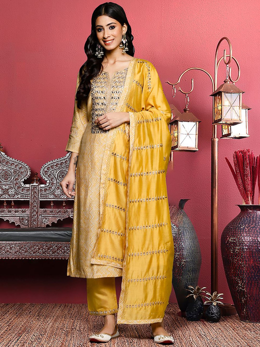 

Varanga Women Ethnic Motifs Embroidered Regular Gotta Patti Kurta with Trousers & With Dupatta, Mustard