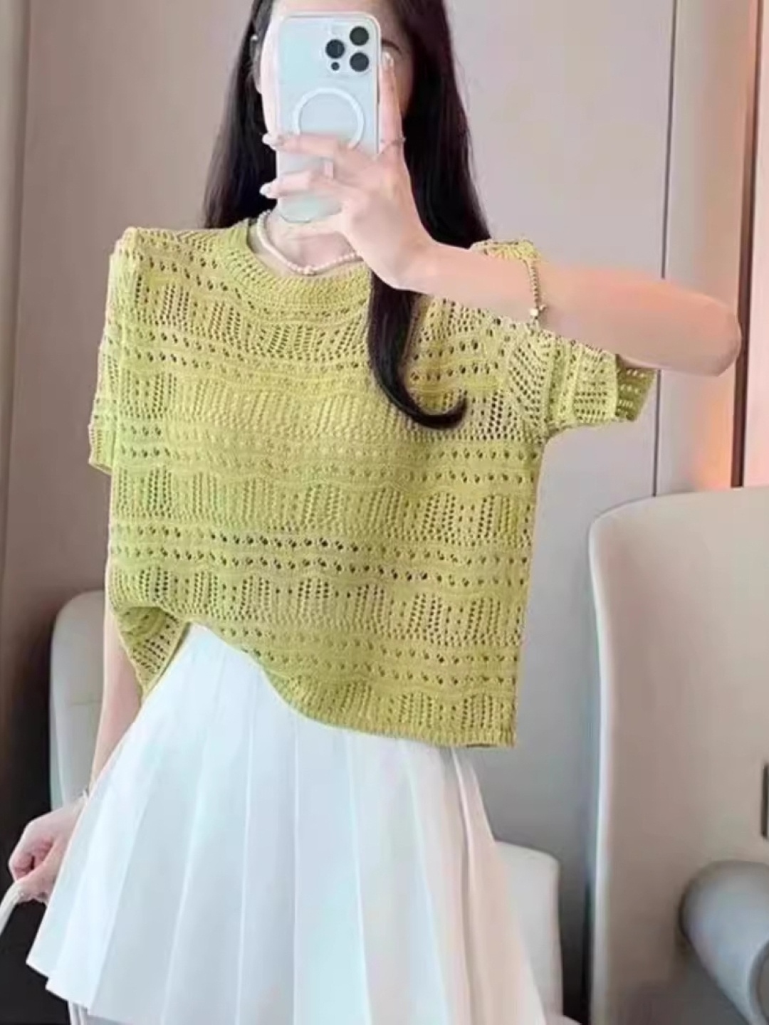 

KPOP Women Self Design Round Neck Short Sleeves Top, Green