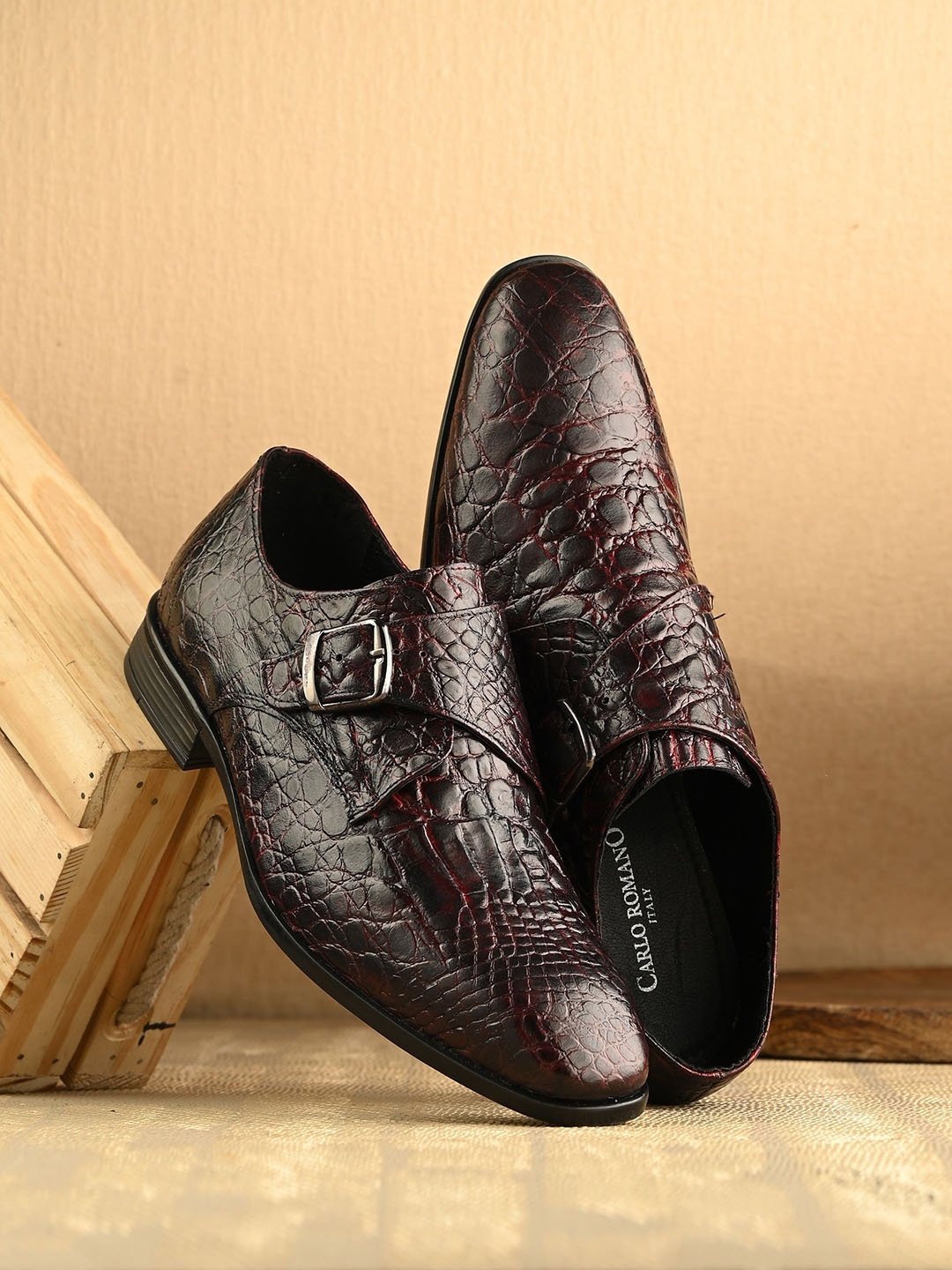 

CARLO ROMANO Men Textured Formal Monk Shoes, Black