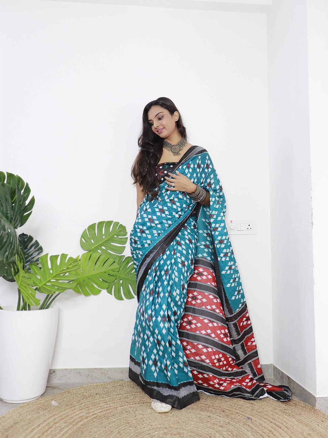 

HERE&NOW Pure Cotton Bagru Saree, Turquoise blue