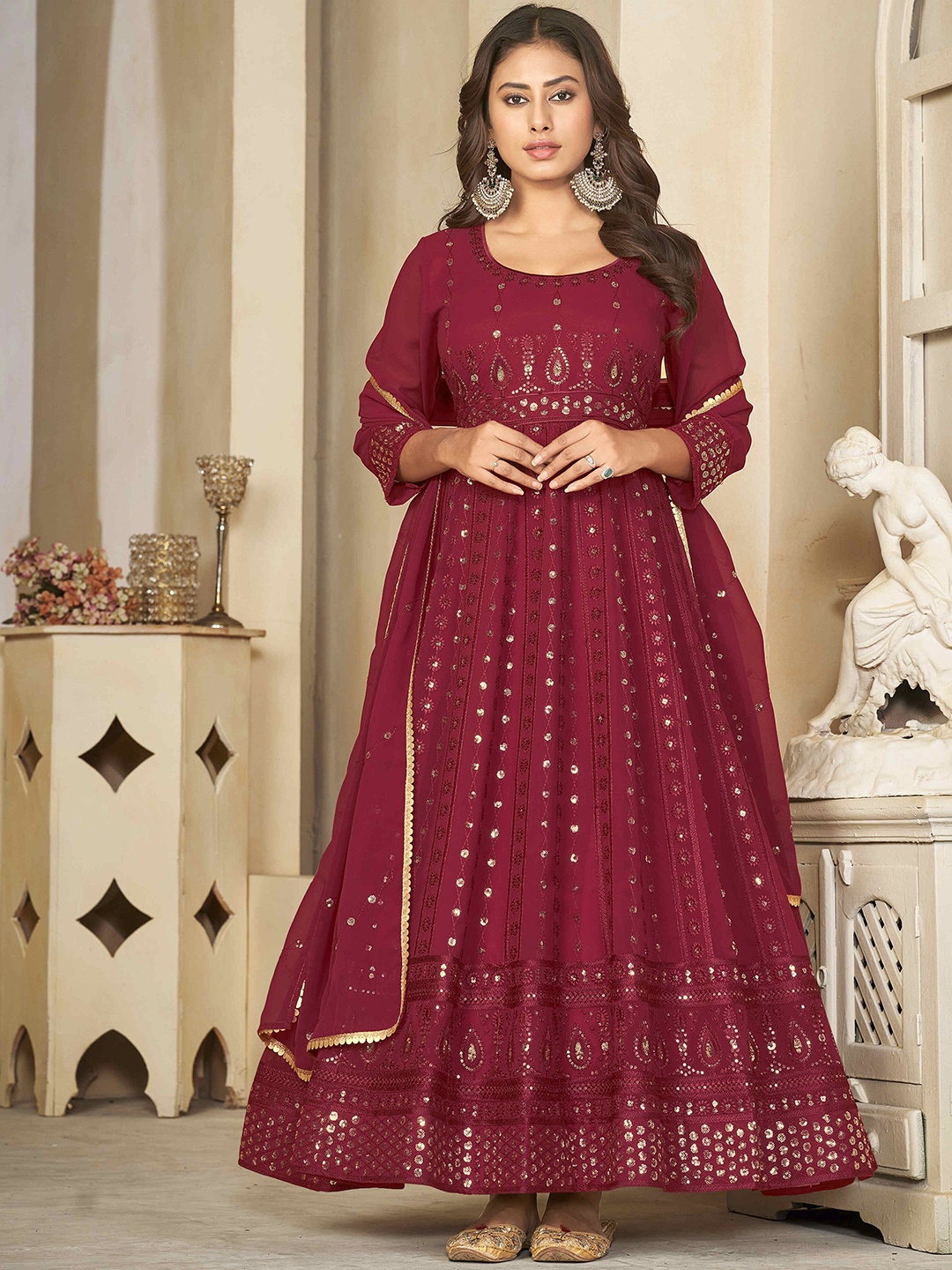 

Warthy Ent Ethnic Motifs Embroidered Semi-Stitched Dress Material, Maroon