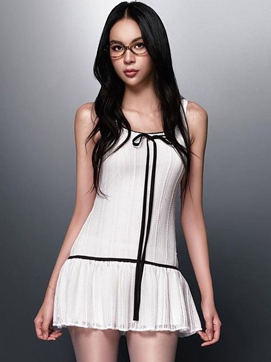 

LULU & SKY Striped Tie-Up Neck Drop-Waist Mini Dress, White