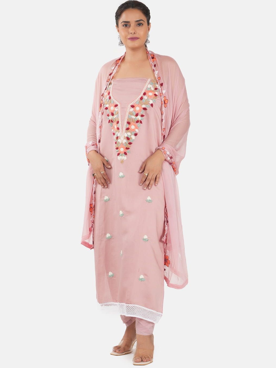 

MOZAFIA Floral Embroidered Unstitched Dress Material, Pink