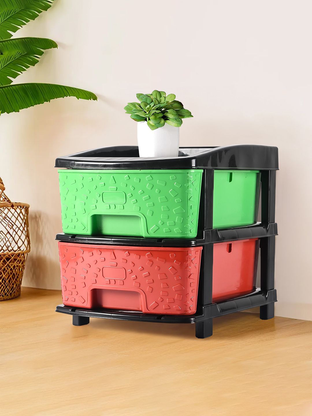 

Kuber Industries Green & Red 2 Tier 19 Ltr Plastic Drawer Storage Organiser Rack