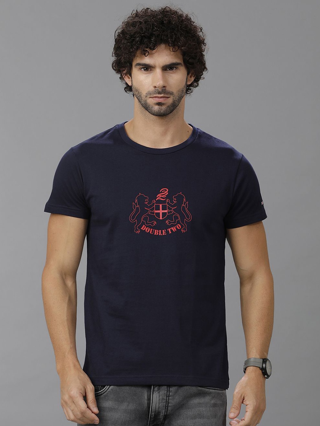 

Double Two Men Avengers Printed Applique Slim Fit T-shirt, Navy blue