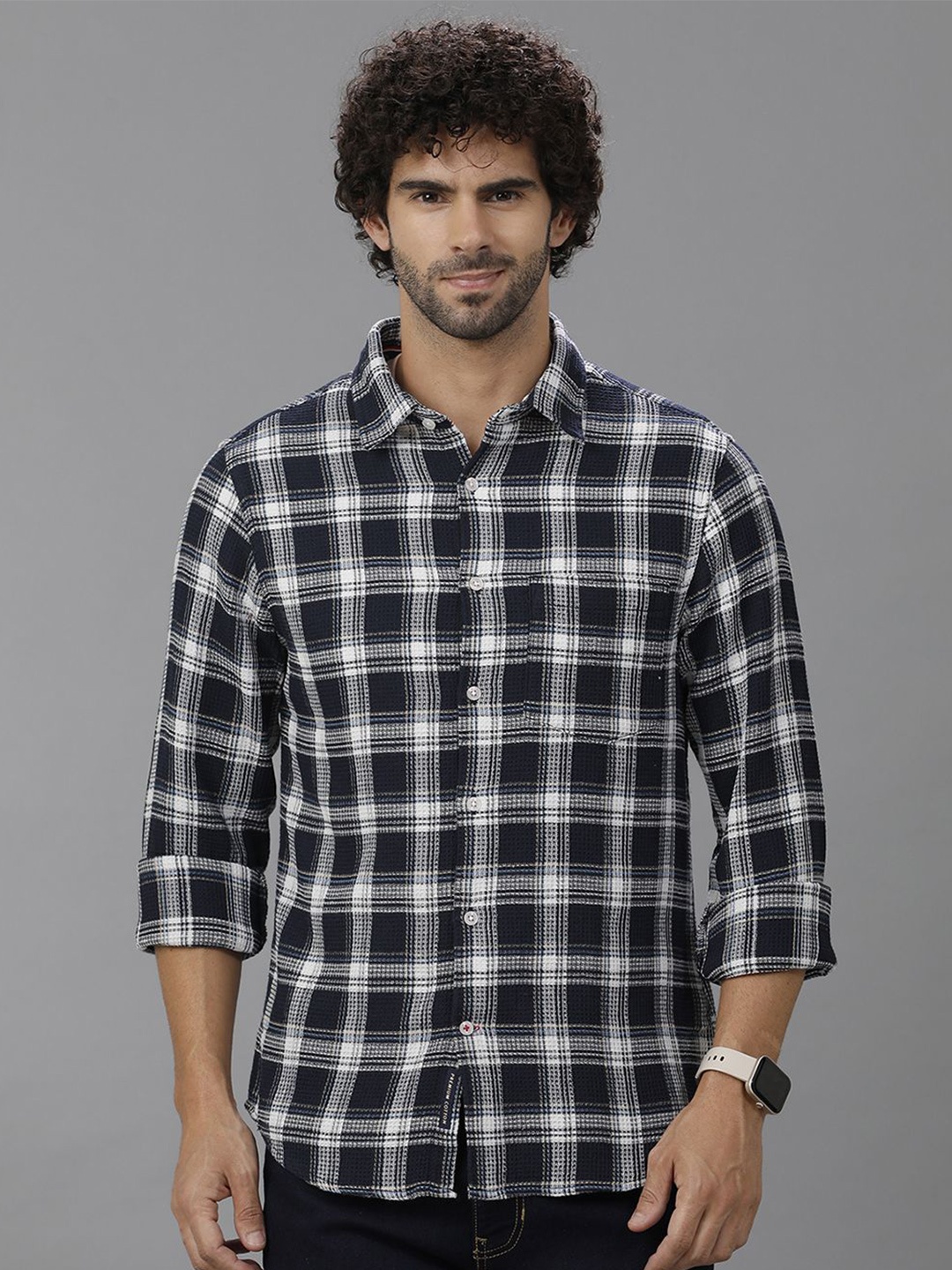 

Double Two Men Comfort Slim Fit Tartan Checks Opaque Checked Casual Shirt, Navy blue