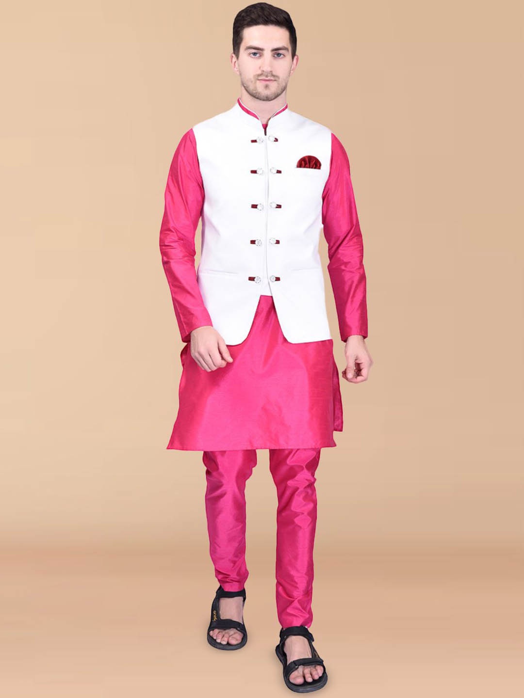 

PRINTINDIA Men Regular Pure Silk Kurta with Trousers, Pink