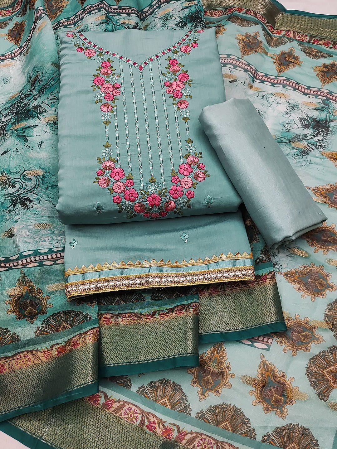 

APNISHA Embroidered Pure Silk Unstitched Dress Material, Turquoise blue