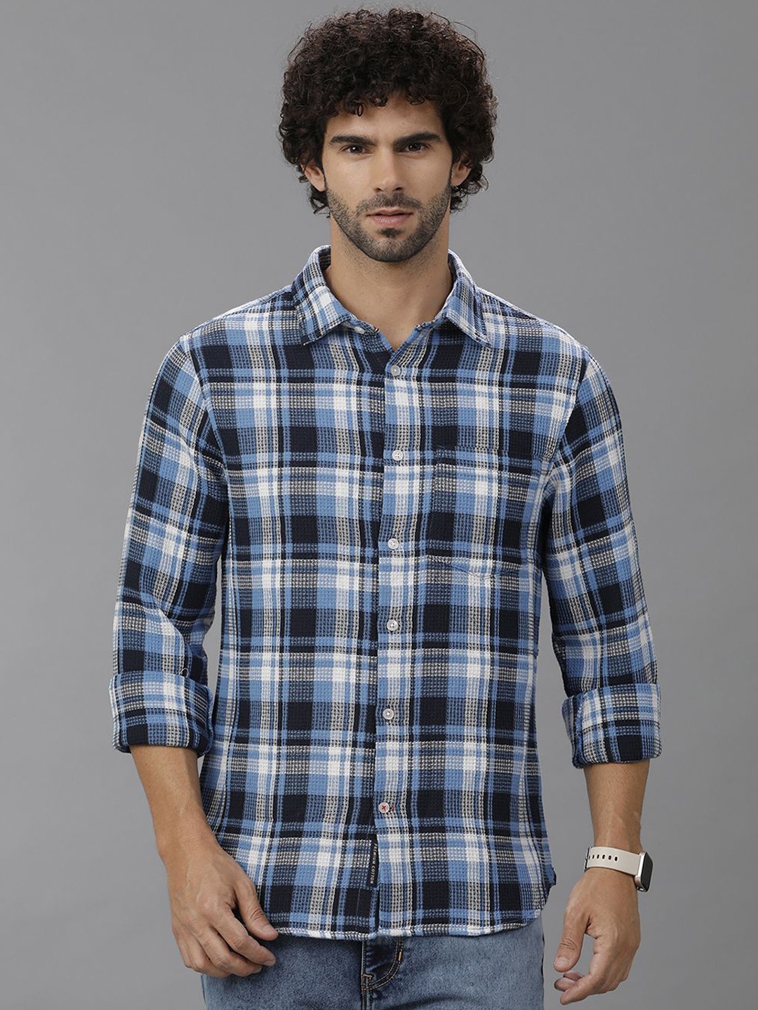 

Double Two Men Comfort Slim Fit Tartan Checks Opaque Checked Casual Shirt, Blue