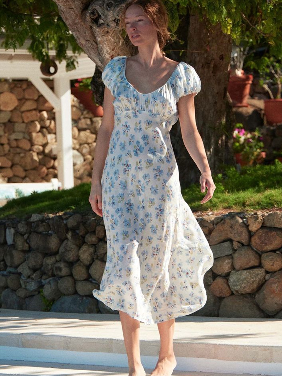 

LULU & SKY Floral Print Flutter Sleeve A-Line Midi Dress, White