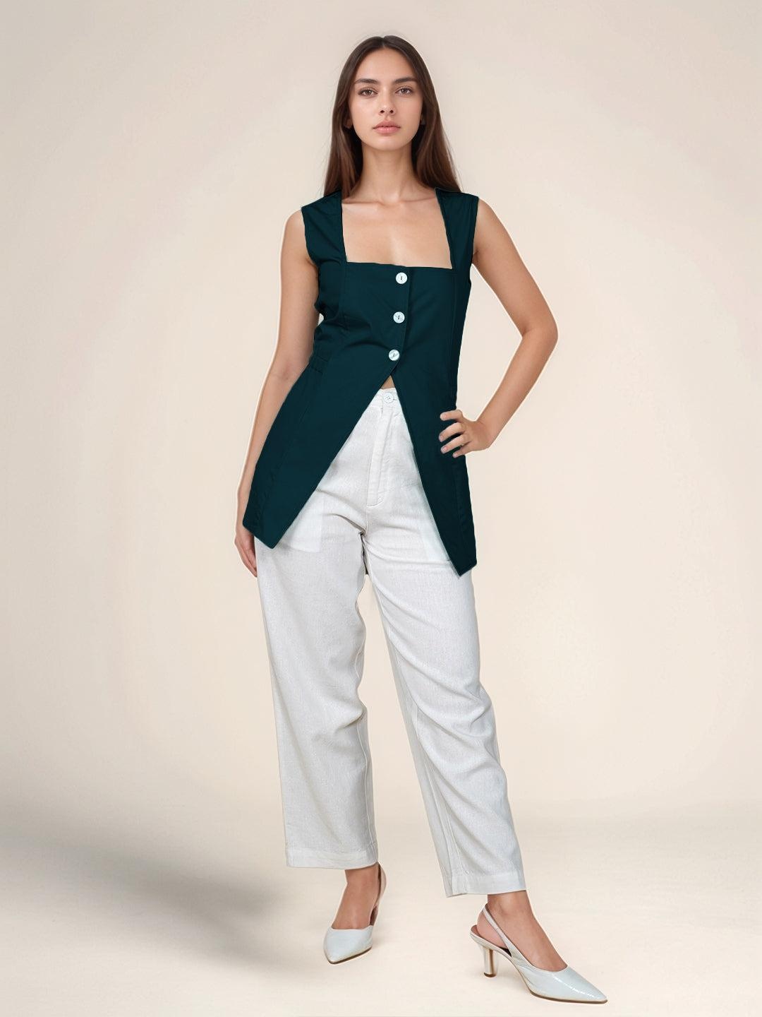 

Zink London Square Neck Cotton Longline Top, Teal