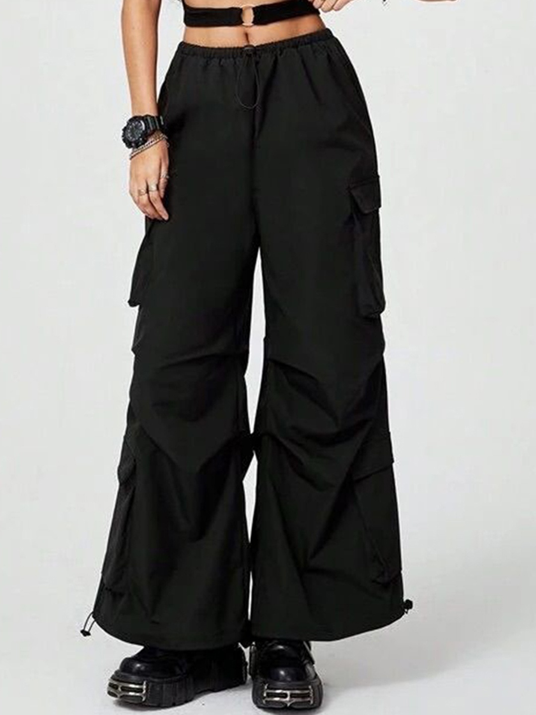 

SAAHASAM Women Striped Relaxed Loose Fit Trousers, Black