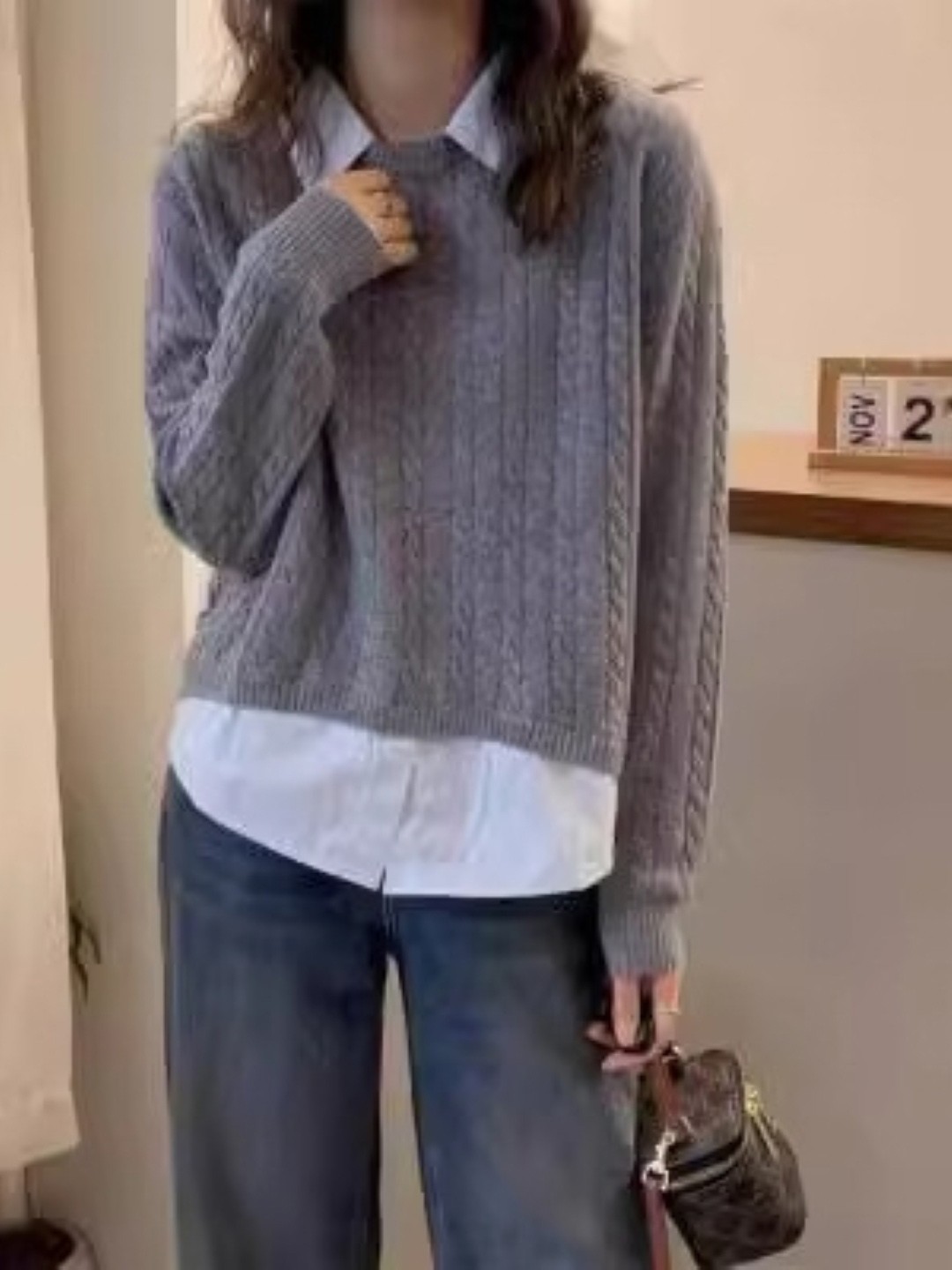 

KPOP Women Round Neck Long Sleeves Cotton Top, Grey