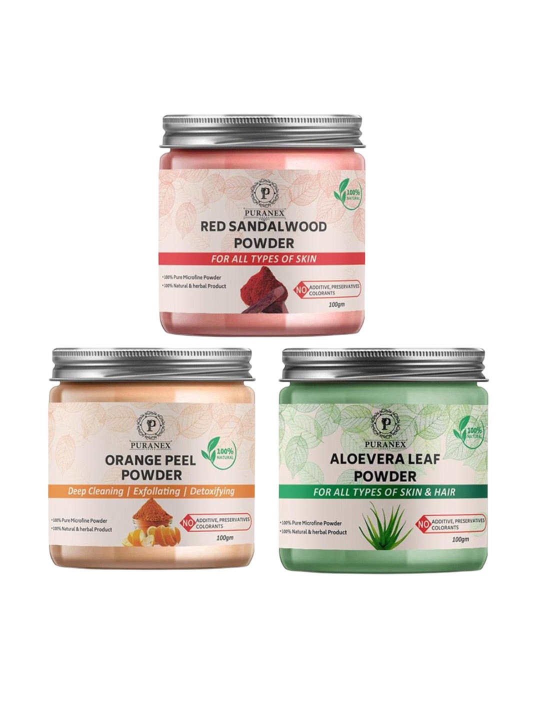 

Puranex Set Of 3 Red Sandal Wood, Orange Peel & Aloevera Powder For Face - 100 g Each, White