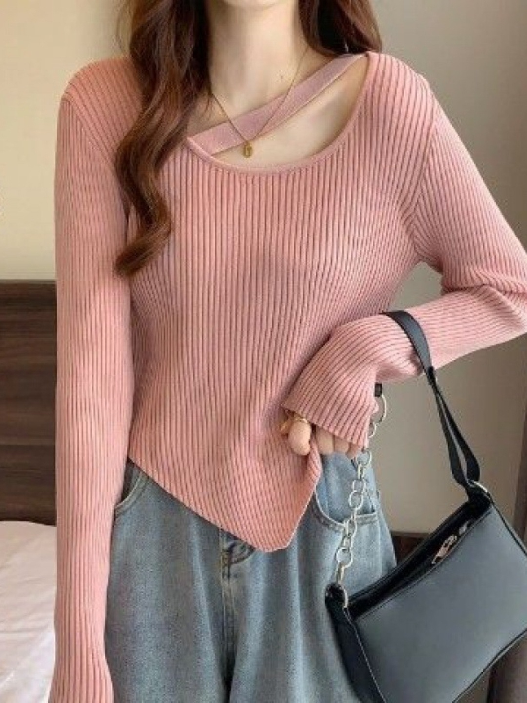 

HERE&NOW Round Neck Long Sleeves Top, Pink