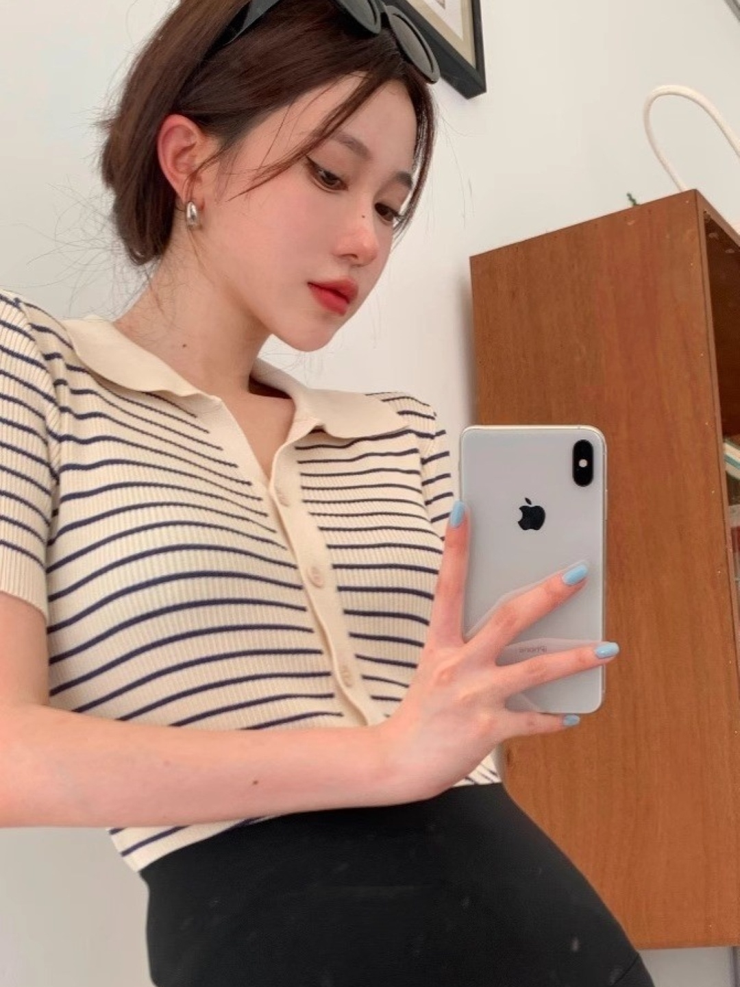 

HERE&NOW Women Shirt Collar Striped Top, Cream