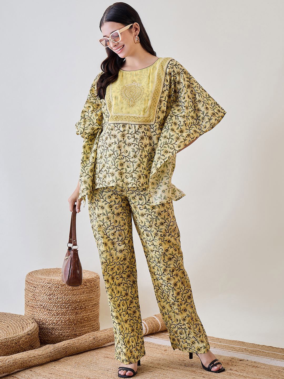 

The Kaftan Company Round Neck Printed Tunic With Trouser Co-Ords, Yellow