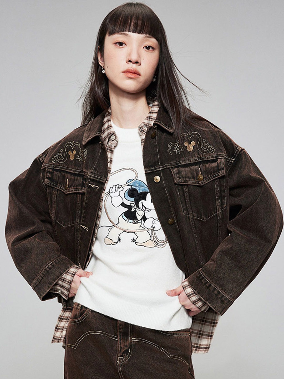 

H&M Motif-Detail Denim Jacket, Brown