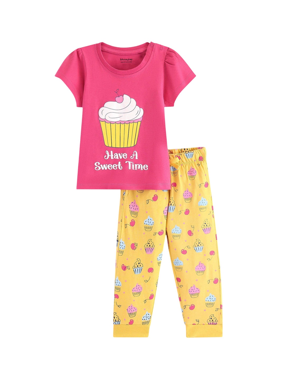 

Honeyhap Girls Printed Pure Cotton Night suit, Pink