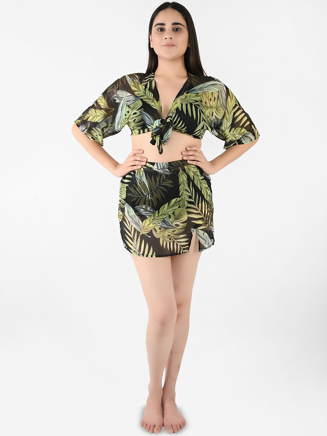 

Blissence Tropical Printed Crop Top & Skirt Cover Up Set, Black