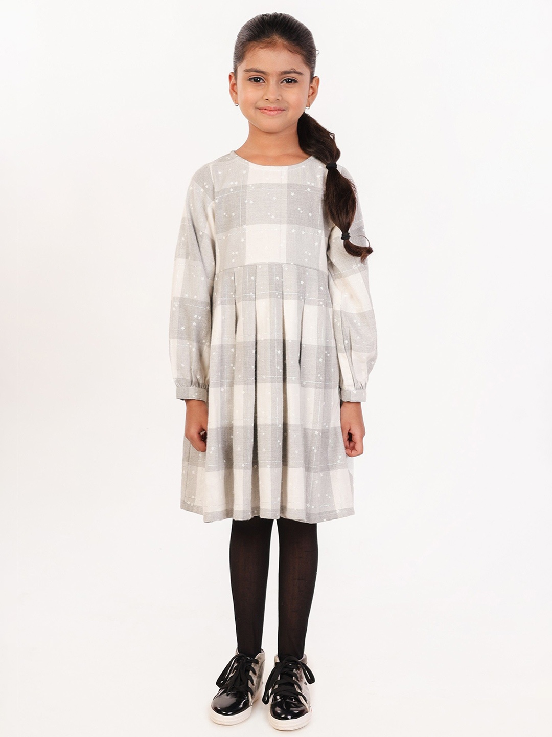

Nature Nook Kids Girls Checked Cotton A-Line Dress, Off white