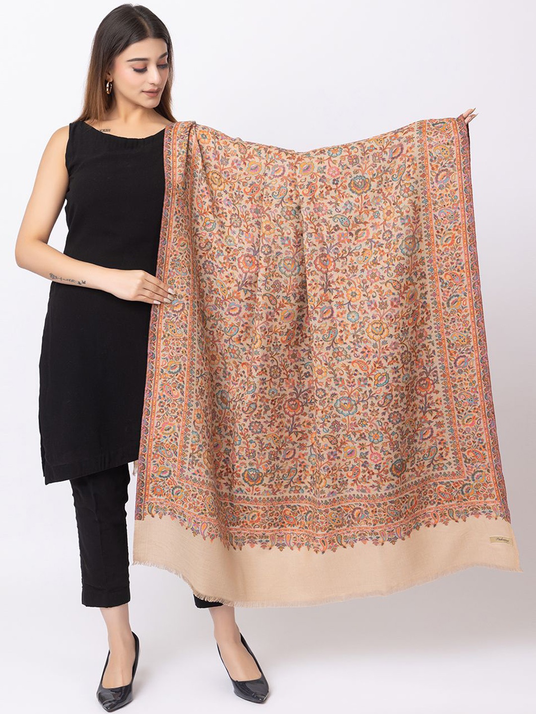 

PASHGIRI Women Ethnic Motifs Embroidered Shawl, Beige