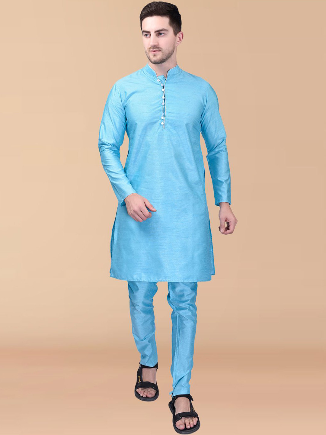 

PRINTINDIA Men Regular Pure Silk Kurta with Churidar, Blue