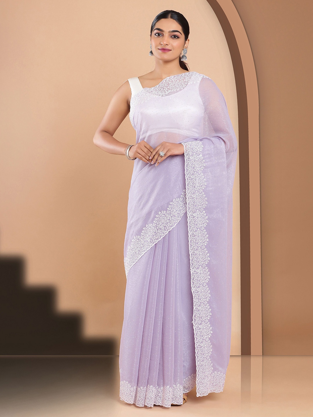 

Kalyan Silks Embellished Embroidered Tissue Jamdani Saree, Lavender