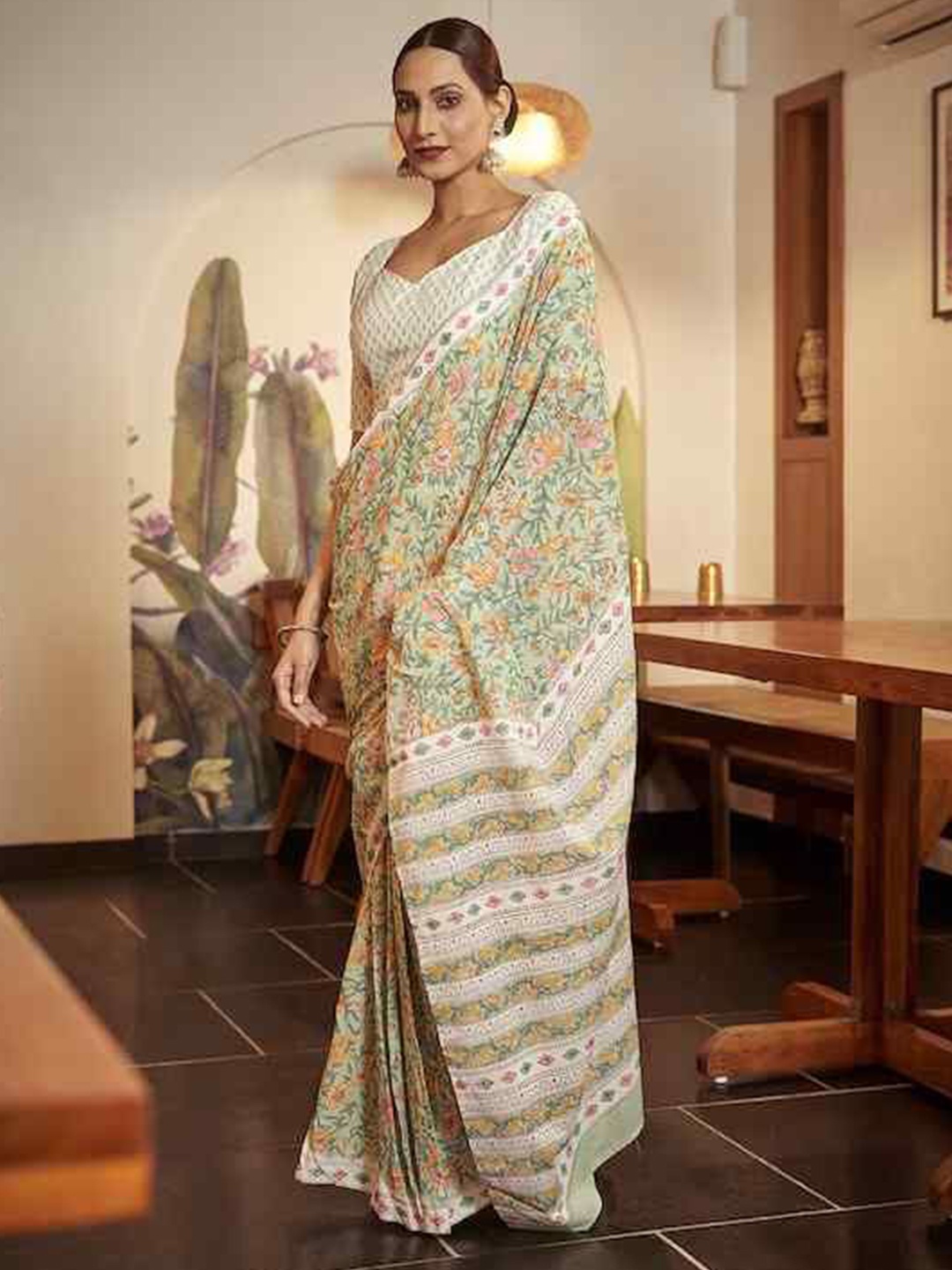 

HERE&NOW Ethnic Motifs Pure Cotton Bagru Saree, Beige