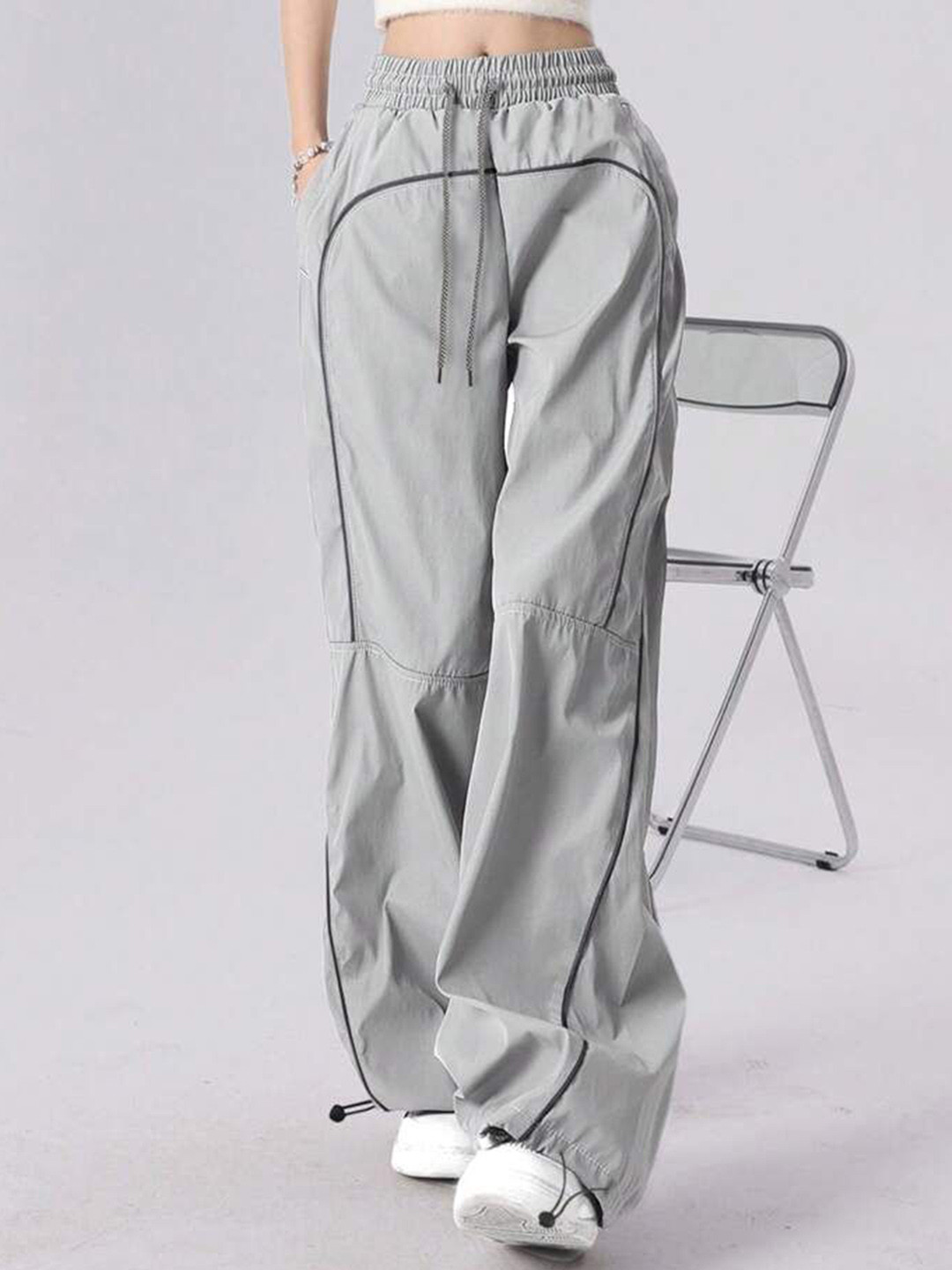 

SAAHASAM Women Striped Relaxed Loose Fit Trousers, Grey