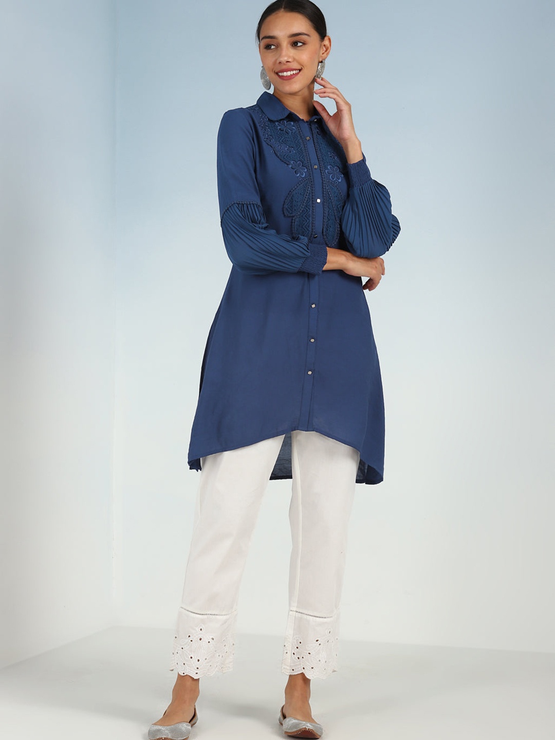 

Lakshita Floral Embroidered Thread Work Shirt Collar A-Line Kurta, Navy blue