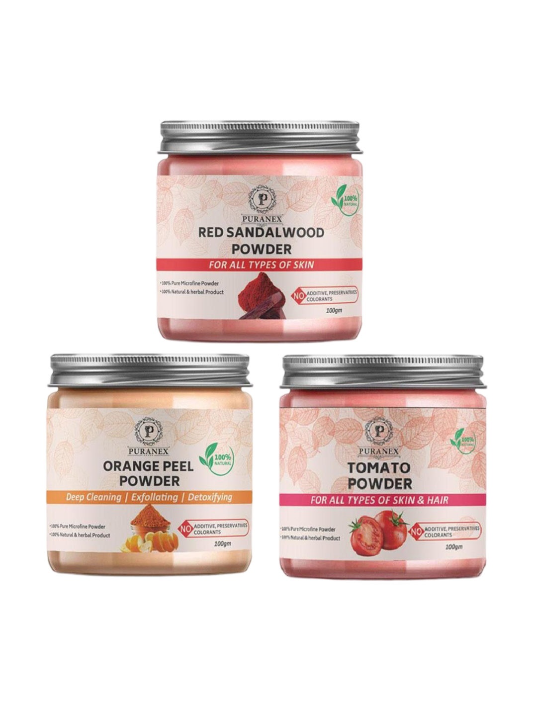 

Puranex Set Of 3 Red Sandalwood, Orange Peel & Tomato Powder Face Pack, White
