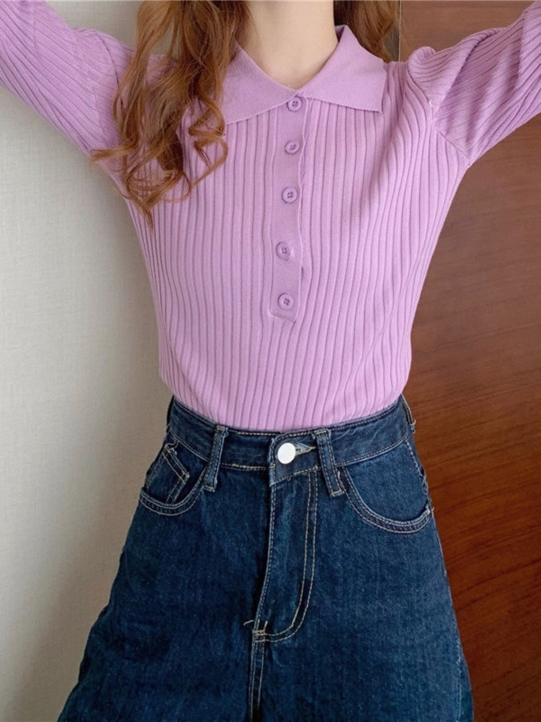 

HERE&NOW Women Shirt Collar Extended Sleeves Top, Purple
