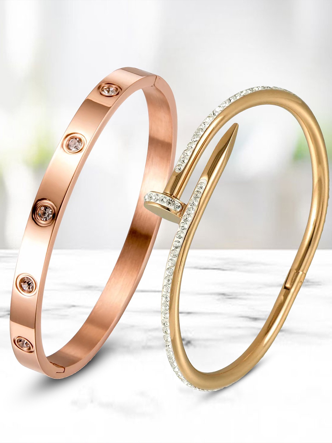 

DIVASTRI Set Of 2 Rose Gold-Plated Stainless Steel AD Anti Tarnish Evil Eye Kada Bracelets