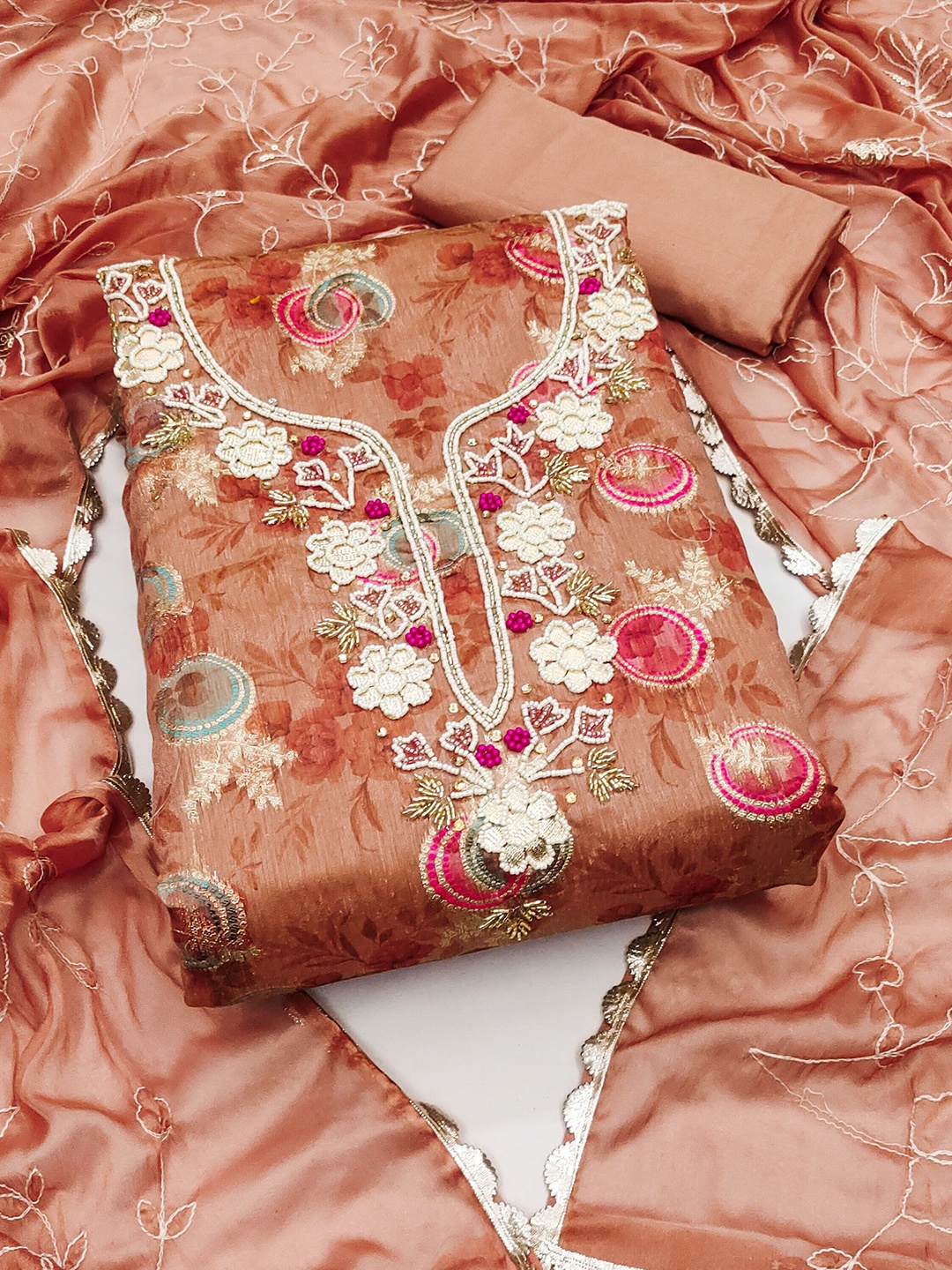 

Maroosh Floral Printed Beads and Stones Unstitched Dress Material, Peach