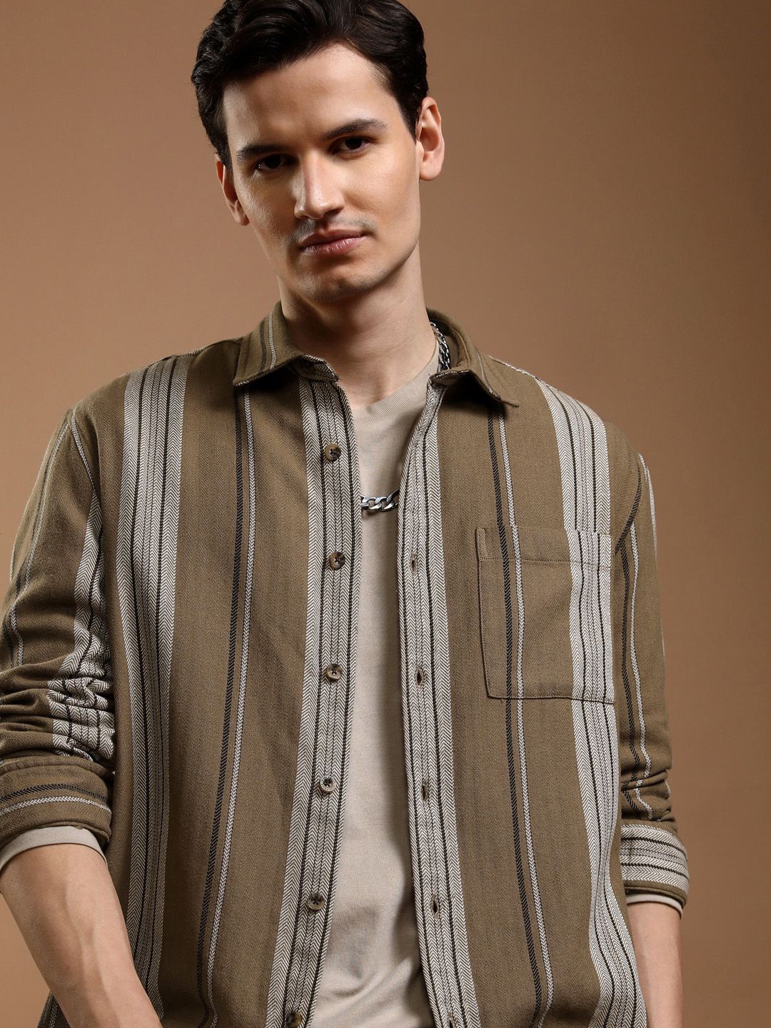 

HIGHLANDER Men Opaque Striped Casual Shirt, Brown