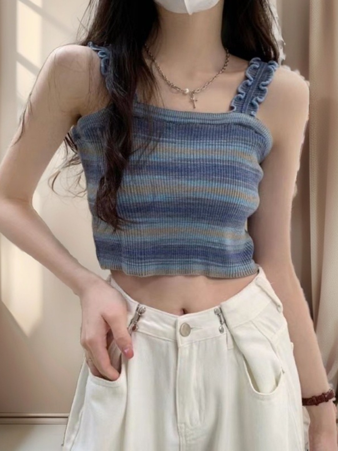 

HERE&NOW Women Striped Shoulder Straps Woollen Crop Top, Blue