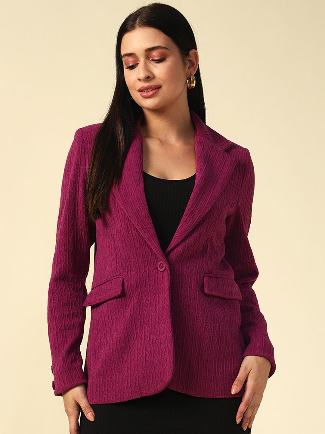 

Beatnik Self Design Notched Lapel Single Breasted Blazer, Purple