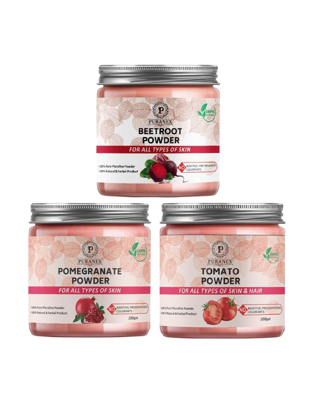 

Puranex Set Of 3 Beatroot Powder, Pomegranate Powder & Tomato Powder - 100 g Each, White