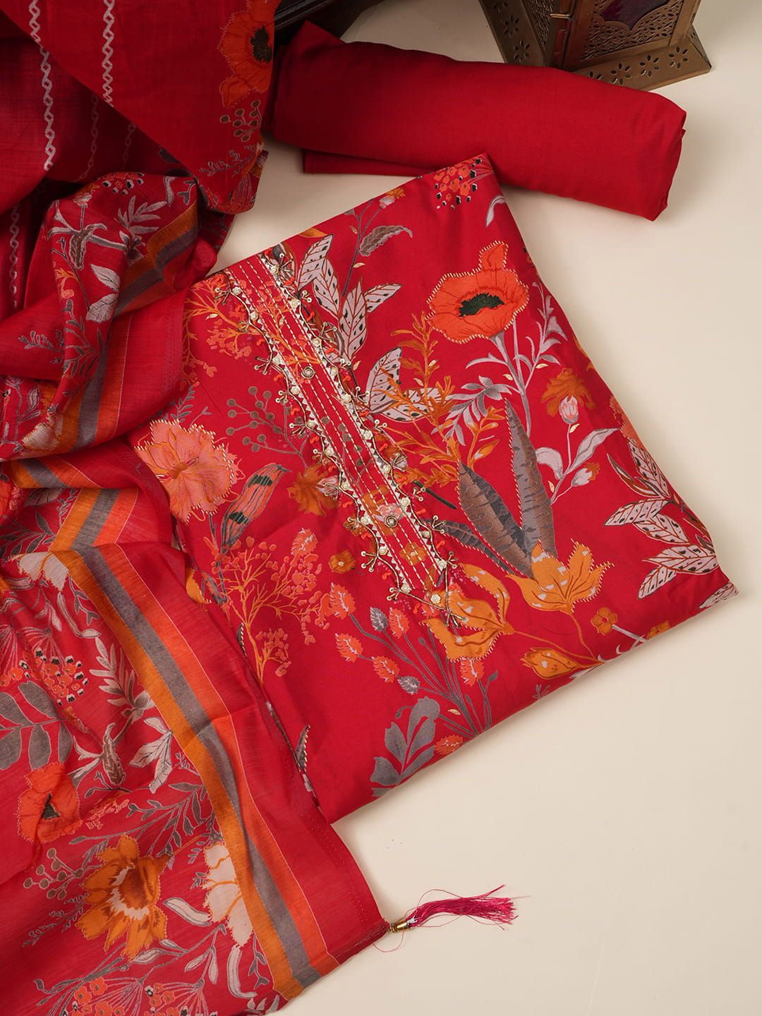 

MOZAFIA Floral Embroidered Zari Pure Silk Unstitched Dress Material, Red