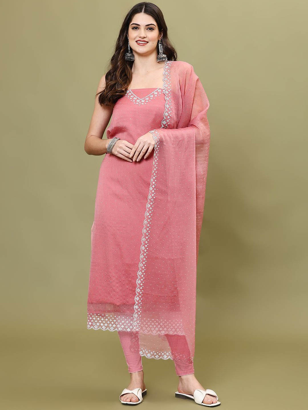 

Meena Bazaar Embellished Art Silk Unstitched Dress Material, Coral