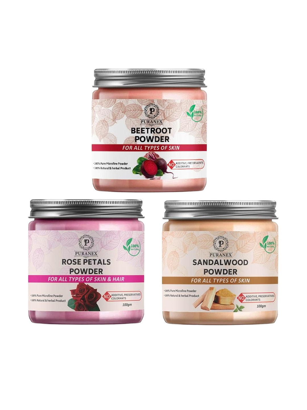 

Puranex Set Of 3 Beetroot Powder, Rose Powder & Sandalwood Powder For Face - 100 g Each, White