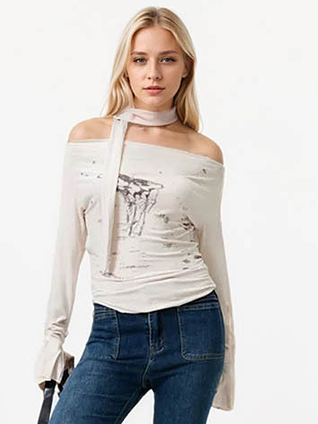 

LULU & SKY Print Off-Shoulder Flared Sleeve Top, Beige