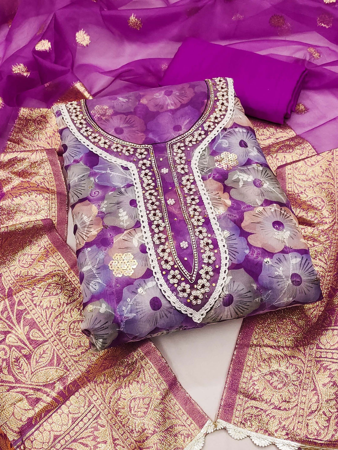 

Maroosh Floral Printed Sequinned Organza Unstitched Dress Material, Purple