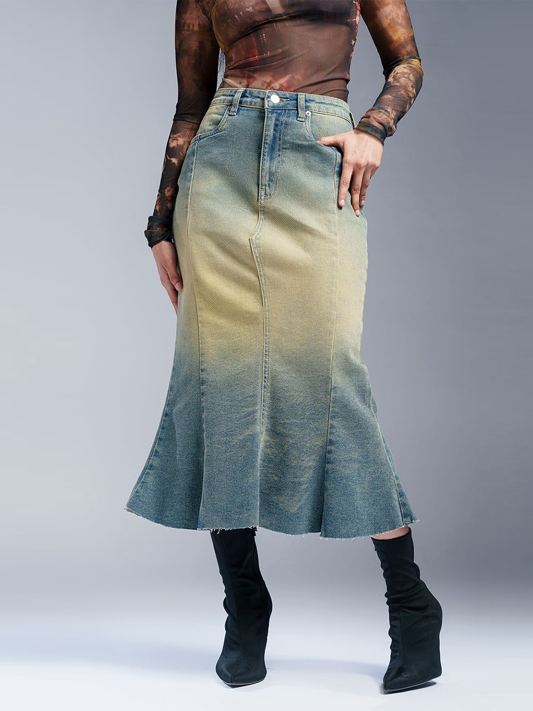 

FREAKINS Pure Cotton Flared Midi Skirt, Blue